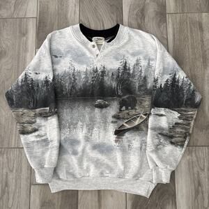 VTG Artisans Sunschein Designs Lake Bear Forest Snow Boat Y2K Sweatshirt Sz M